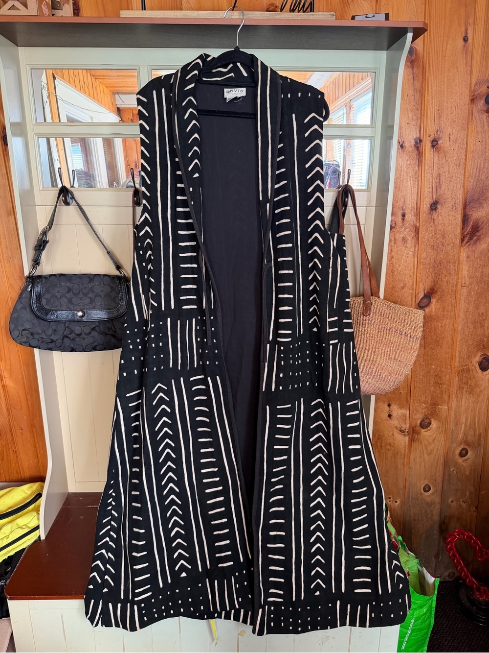 Orvis Ethnic  Long Duster Mud Cloth Cotton Black and White Pockets Size L